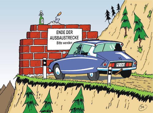 Cartoon: Bitte wenden (medium) by JotKa tagged auto,kraftfahrzeuge,verkehr,straßen,berge,hindernisse,sackgasse,führerschein,autofahrer,auto,kraftfahrzeuge,verkehr,straßen,berge,hindernisse,sackgasse,führerschein,autofahrer