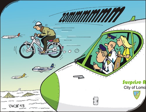 Cartoon: Da oben - Up in the sky (medium) by JotKa tagged luftfahrt,piloten,stewardess,moped,nsu,quickly,visionen,täuschungen,illusionen,überraschungen,flugzeug,motoren,geschwindigkeit,aviation,pilots,motorcycle,visions,illusions,surprises,aircraft,engines,power,speed