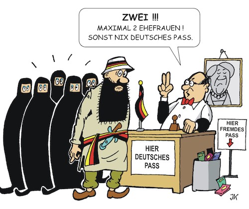 Cartoon: Einbürgerung (medium) by JotKa tagged einbürgerung,vielehe,polygamie,staatsangehörigkeit,deutscher,pass,moslems,islam,traditionen,kulturkreise,politik,spd,cdu,barley,seehofer,groko,einbürgerung,vielehe,polygamie,staatsangehörigkeit,deutscher,pass,moslems,islam,traditionen,kulturkreise,politik,spd,cdu,barley,seehofer,groko