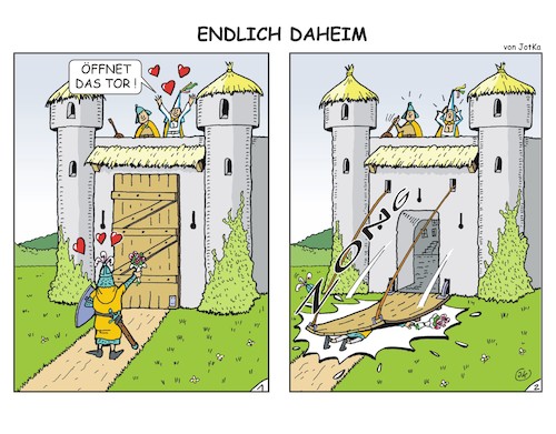 Cartoon: Endlich daheim (medium) by JotKa tagged ritter,burgen,mittelalter,liebe,leid,beziehungen,trauer,pech,er,sie,mann,frau,ritter,burgen,mittelalter,liebe,leid,beziehungen,trauer,pech,er,sie,mann,frau