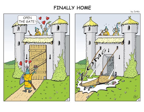Cartoon: Finally home (medium) by JotKa tagged knights,castles,love,grief,relationships,pitch,he,husband,man,woman,medieval,knights,castles,love,grief,relationships,pitch,he,husband,man,woman,medieval