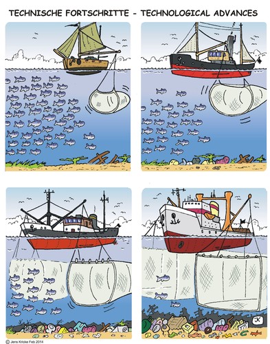 Cartoon: Fortschritte  Advances (medium) by JotKa tagged fischerei,fischereiwirtschaft,fischfang,fischsterben,ressourcen,müll,meere,artenvielfalt,artensterben,aussterben,überfischung,technologie,entwicklung,ozeane,netze,ökonomie,ökologie,spekulanten,börsen,globalisierung,hunger,hungersnöte,meeresspiegel,fauna,flora,verklappung,segelschiff,dampfschiff,motorschiff,nordsee,schrott,plastik,abfall,wirtschaft,futtermittel,fischmehl,berufe,gier,wolken,himmel,wasser,intereressen,interessenschutz,raubbau,fortschritte,fortschrittlich,technik,fishing,fish,mortality,resource,waste,seas,biodiversity,extinction,of,species,overfishing,technology,development,oceans,nets,economy,ecology,speculators,exchanges,globalization,famines,sea,dumping,sailboat,steamboat,motor,vessel,scrap,plastic,feed,meal,professions,greed,clouds,sky,water,interest,protection,overexploitation,advances,progressive,fischerei,fischereiwirtschaft,fischfang,fischsterben,ressourcen,müll,meere,artenvielfalt,artensterben,aussterben,überfischung,technologie,entwicklung,ozeane,netze,ökonomie,ökologie,spekulanten