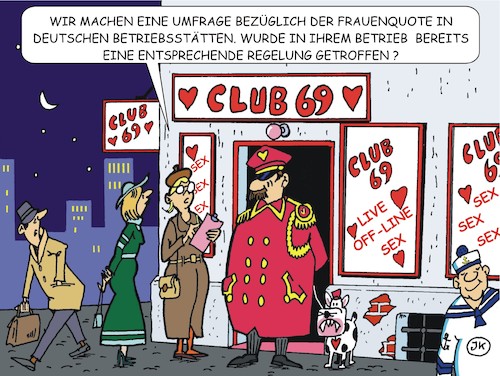 Cartoon: Frauenquote (medium) by JotKa tagged umfragen,betriebsstätten,betriebe,firmen,quoten,frauenquote,rotlicht,bordell,erotik,türsteher