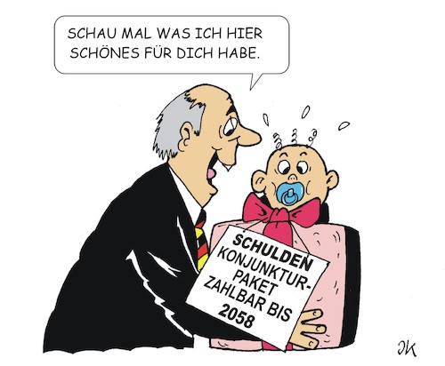 Cartoon: Geschenke (medium) by JotKa tagged konjunkturpaket,schulden,generation,kinder,steuerzahler,politiker,wirtschaft,eu,coronakrise,arbeitsplätze,job,eurorettung,europa,staatspleiten,finanzen,konjunkturpaket,schulden,generation,kinder,steuerzahler,politiker,wirtschaft,eu,coronakrise,arbeitsplätze,job,eurorettung,europa,staatspleiten,finanzen