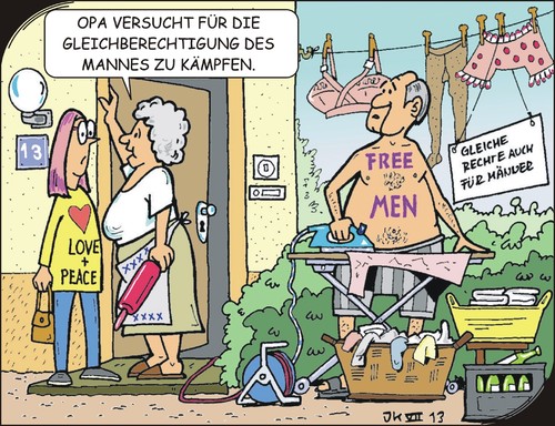 Cartoon: Gleichberechtigung (medium) by JotKa tagged gleichberechtigung,männer,frauen,gleichstellung,frauenquote,führungsposten,ehealltag,freundschaft,unterdrückung,sklaven,ausbeutung,freiheitsberaubung,liebe,und,hass,bügeln,wäsche,körbe,bier,femen