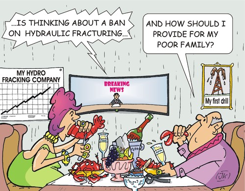 Cartoon: Hydraulic fracturing (medium) by JotKa tagged hydraulic,fracturing,hydrofracking,fracking,environmental,damage,groundwater,drinking,water,pollution,energy,hunger,petroleum,gas,fuel,wealth,millionaire,family,champagne,lobster,company,policy,protection,protests,tv,news