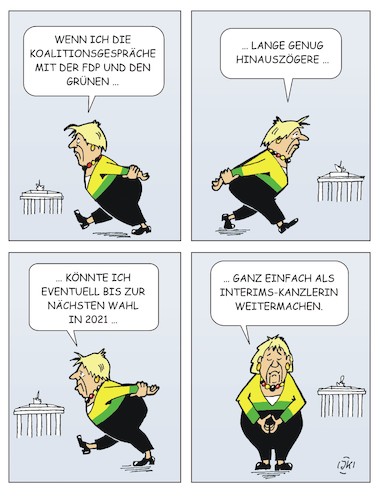 Cartoon: Interims-Kanzlerin (medium) by JotKa tagged bundestagswahlen,koalitionen,sondierungsgespräche,koalitionsgespräche,jamaika,grüne,fdp,cdu,csu,union,merkel,politiker,regierungsbildung,interimsregierung,berlin,kanzleramt,bundestagswahlen,koalitionen,sondierungsgespräche,koalitionsgespräche,jamaika,grüne,fdp,cdu,csu,union,merkel,politiker,regierungsbildung,interimsregierung,berlin,kanzleramt