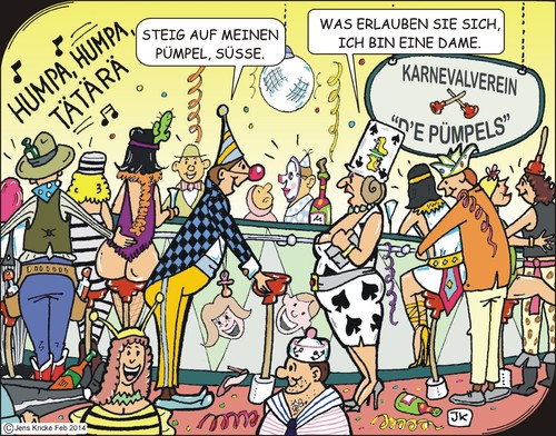 Cartoon: Karneval (medium) by JotKa tagged karneval,fasching,party,feier,ballsall,theke,masken,clown,cowboy,tiger,biene,seemann,matrose,musik,kapelle,stimmung,freude,mann,frau,er,sie,liebe,leid,beziehungen,stress,rosenmontag,aschermittwoch,köln,düsseldorf,mainz,weiberfastnacht,fastnacht,sekt,champagner,konfetti,luftschlangen,alkohol