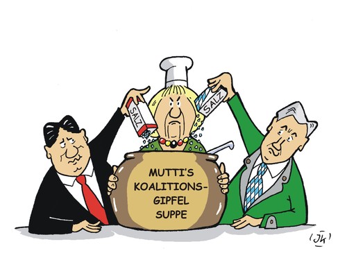 Cartoon: Koalitionsgipfel (medium) by JotKa tagged suppe,parteien,seehofer,gabriel,merkel,spd,csu,cdu,kanzlerin,berlin,gipfeltreffen,koalitionsgipfel,koalitionsgipfel,gipfeltreffen,berlin,kanzlerin,cdu,csu,spd,merkel,gabriel,seehofer,parteien,suppe