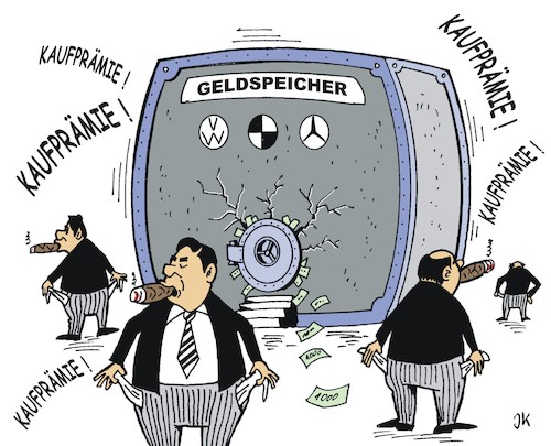 Cartoon: Konzerne in Not (medium) by JotKa tagged automobilindustrie,coronakrise,wirtschaftskrise,staatshilfen,kaufprämie,abwrackprämie,gewinne,dividenden,manager,gehälter,boni,wirtschaft,automobilindustrie,coronakrise,wirtschaftskrise,staatshilfen,kaufprämie,abwrackprämie,gewinne,dividenden,manager,gehälter,boni,wirtschaft