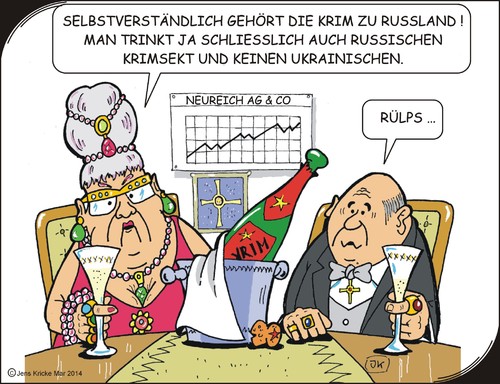 Cartoon: Krimsekt (medium) by JotKa tagged ukraine,krim,russland,eu,usa,kontaktgruppe,experten,fachleute,politiker,wahlen,strategie,putin,merkel,obama,steinmeier,schlagzeilen,medien,krise,boykott,sanktionen,nato,raketen,raketenschirm,rohstoffe,märkte,börsen,oel,gas,pipeline,versorgung,wirtschaft,g8,g20,krimsekt,neureich,proleten,protz,prunk,dummheit,bildung,schmuck,klunkern,ringen,haare,ketten,diamanten,smaragde,brillianten,gold,sektkühler,bundesverdienstkreuz,aktienkurs