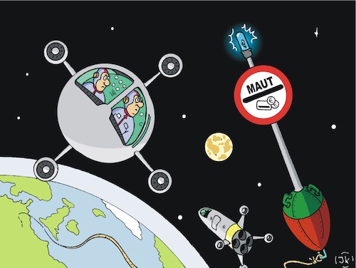 Cartoon: Mautpflicht (medium) by JotKa tagged maut,mautpflicht,wegegeld,steuern,gebühren,zölle,politik,einnahmen,weltraum,raumfahrt,raketen,aliens,boje,erde,mond,sterne,science,fiction,zukunft,maut,mautpflicht,wegegeld,steuern,gebühren,zölle,politik,einnahmen,weltraum,raumfahrt,raketen,aliens,boje,erde,mond,sterne,science,fiction,zukunft