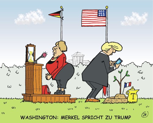 Cartoon: Merkel spricht zu Trump (medium) by JotKa tagged merkel,trump,berlin,washington,arbeitstreffen,freihandel,handelsabkommen,iranabkommen,einigkeit,zusammenarbeit,politik,merkel,trump,berlin,washington,arbeitstreffen,freihandel,handelsabkommen,iranabkommen,einigkeit,zusammenarbeit,politik