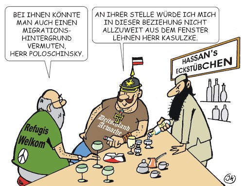 Cartoon: Migrationsexperten (medium) by JotKa tagged flüchtlinge,asyl,migration,wirtschaftsflüchtlinge,vorfahren,deutschland,bar,kneipe,gespräche,politik,einwanderung,abstammung,bars,und,kneipen,flüchtlinge,asyl,migration,wirtschaftsflüchtlinge,vorfahren,deutschland,bar,kneipe,gespräche,politik,einwanderung,abstammung,bars,und,kneipen