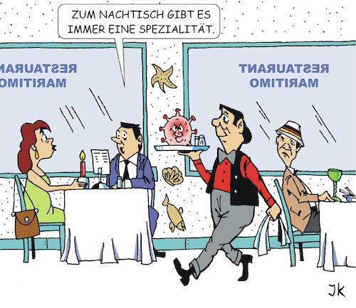 Cartoon: Restaurantbesuch (medium) by JotKa tagged restaurant,corona,pandemie,regeln,ansteckung,speisen,getränke,nachspeisen,infektionen,coronaregeln,hygieneschutz,restaurant,corona,pandemie,regeln,ansteckung,speisen,getränke,nachspeisen,infektionen,coronaregeln,hygieneschutz