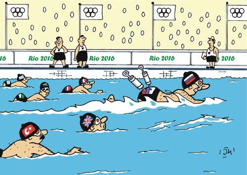 Cartoon: Rio 2016 - 2 (medium) by JotKa tagged rio,olympic,games,olympische,spiele,ioc,doping,russland,sport,schwimmen,swimming,rio,olympic,games,olympische,spiele,ioc,doping,russland,sport,schwimmen,swimming
