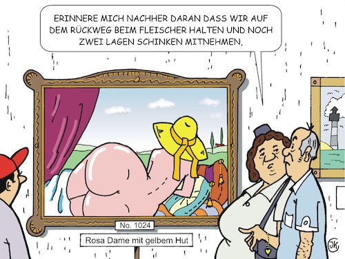 Cartoon: Schinken (medium) by JotKa tagged kunst,kunsthalle,kunstaustellung,malerei,künstler,freizeit,hobby,gesellschaft,mann,frau,hut,schinken,fleischer,erotik