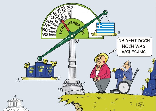 Cartoon: Schuldenwaage (medium) by JotKa tagged griechenland,griechenlandkrise,euro,drachme,iwf,ezb,politik,schulden,rettungsschirm,grexit,reformen,instutionen,banken,gläubiger,bürgschaften,paris,athen,berlin,merkel,kauder,volker,tsipras,referendum,ela,efse,fsm,hilfspaket,schuldenschnitt,kompromiss,bundestag,parlamentarier,rettungspaket,überbrückungskredit,abstimmung,mehrheiten,union,fraktion,fraktionszwang,ausschüsse,abweichler,scheuble,bürgschaft,griechenland,griechenlandkrise,euro,drachme,iwf,ezb,politik,schulden,rettungsschirm,grexit,reformen,instutionen,banken,gläubiger,bürgschaften,paris,athen,berlin,merkel,kauder,volker,tsipras,referendum,ela,efse,fsm,hilfspaket,schuldenschnitt,kompromiss,bundestag,parlamentarier,rettungspaket,überbrückungskredit,abstimmung,mehrheiten,union,fraktion,fraktionszwang,ausschüsse,abweichler,scheuble,bürgschaft