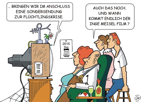 Cartoon: Schwere Zeiten vorm TV (medium) by JotKa tagged medien,unterhaltung,fernsehen,tv,flüchtlingskrise,gesellschaft,bürger,feierabend,informationen,nachrichten,medien,unterhaltung,fernsehen,tv,flüchtlingskrise,gesellschaft,bürger,feierabend,informationen,nachrichten