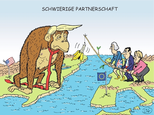 Cartoon: Schwierige Partnerschaft (medium) by JotKa tagged trump,macron,merkel,may,eu,usa,iranabkommen,handelsabkommen,strafzölle,verträge,washington,berlin,london,brüssel,trump,macron,merkel,may,eu,usa,iranabkommen,handelsabkommen,strafzölle,verträge,washington,berlin,london,brüssel