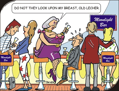 Cartoon: Sexual Harassment (medium) by JotKa tagged sex,sexual,harassment,misunderstanding,love,party,alkohol,bar,lady,man,woman,men,fashion