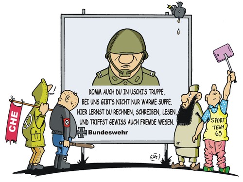 Cartoon: Soldaten gesucht (medium) by JotKa tagged soldaten,militär,bundeswehr,auslandseinsätze,verteidigungsministerin,verteidigungsministerium,politik,ausbildung,qualifikationen,von,der,leyen,jobs,arbeitsplatz,soldaten,militär,bundeswehr,auslandseinsätze,verteidigungsministerin,verteidigungsministerium,politik,ausbildung,qualifikationen,von,der,leyen,jobs,arbeitsplatz