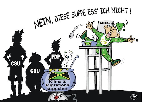 Cartoon: Suppenkasper (medium) by JotKa tagged jamaika,koalition,sondierungen,sondierungsgespräche,koalitionsregierung,parteien,wahlen,bundestag,wahlergebnis,2017,politik,demokratie,verhandlungen,klima,migration,cdu,csu,fdp,grüne,merkel,bundestagswahl,jamaika,koalition,sondierungen,sondierungsgespräche,koalitionsregierung,parteien,wahlen,bundestag,wahlergebnis,2017,politik,demokratie,verhandlungen,klima,migration,cdu,csu,fdp,grüne,merkel,bundestagswahl