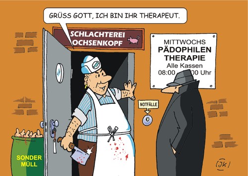 Cartoon: Therapie (medium) by JotKa tagged behandlungen,strafen,wurst,schlachter,metzger,kassenbeitrag,krankenkasse,verbrechen,pädophile,therapie