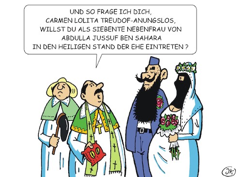 Cartoon: Trauung 2 (medium) by JotKa tagged trauung,ehe,kirche,hochzeit,pfarrer,pastor,braut,bräutigen,er,sie,mann,frau,liebe,beziehungen,familie,gesellschaft,vielehe,nebenfrau,hauptfrau,moslems,christen,integration,trauung,ehe,kirche,hochzeit,pfarrer,pastor,braut,bräutigen,er,sie,mann,frau,liebe,beziehungen,familie,gesellschaft,vielehe,nebenfrau,hauptfrau,moslems,christen,integration