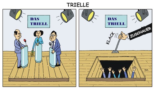 Cartoon: Trielle (medium) by JotKa tagged bundestagswahl,2021,kanzlerkandidaten,fernsehen,fernsehshow,trielle,wahlarena,wahlkampf,medien,scholz,baerbock,laschet,parteien,zuschauervoting,bundestagswahl,2021,kanzlerkandidaten,fernsehen,fernsehshow,trielle,wahlarena,wahlkampf,medien,scholz,baerbock,laschet,parteien,zuschauervoting