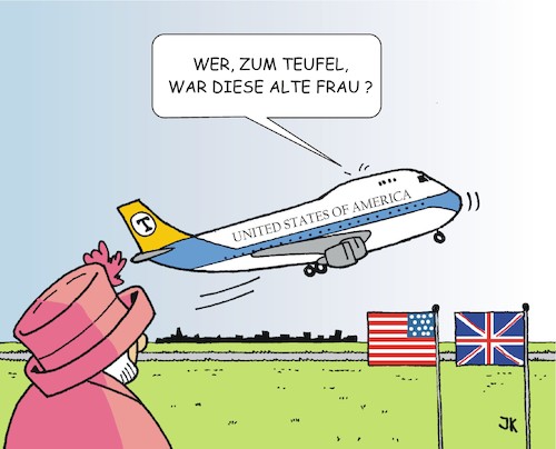 Cartoon: Trump beendet Englandbesuch (medium) by JotKa tagged queen,elisabeth,trump,staatsbesuche,amerika,england,uk,gross,britannien,politiker,queen,elisabeth,trump,staatsbesuche,amerika,england,uk,gross,britannien,politiker