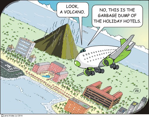 Cartoon: Volcano (medium) by JotKa tagged holiday,travel,distance,hotel,resort,tour,operators,airplane,beach,sea,recreation,environment,garbage,disposal,infrastructure,airline,pilots,swimming,sun,palm,airfield