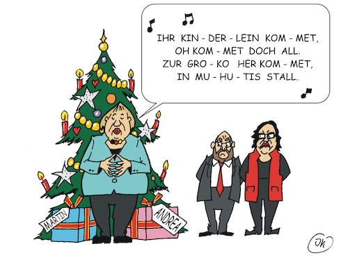 Cartoon: Vorweihnachtlicher Gesang (medium) by JotKa tagged bundestagswahl,2017,koalitionen,sondierungen,differenzen,sondierunggespräche,neuwahlen,cdu,csu,spd,politiker,parteien,bundespräsident,regierungsbildung,bundesregierung,spitzengespräch,schulz,steinmeier,merkel,nahles,groko,basis,weihnachtsbaum,weihnachtsgeschenke,weihnachtslieder,bundestagswahl,2017,koalitionen,sondierungen,differenzen,sondierunggespräche,neuwahlen,cdu,csu,spd,politiker,parteien,bundespräsident,regierungsbildung,bundesregierung,spitzengespräch,schulz,steinmeier,merkel,nahles,groko,basis,weihnachtsbaum,weihnachtsgeschenke,weihnachtslieder