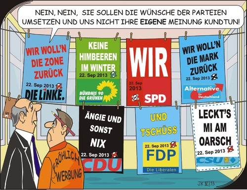 Cartoon: Wahlkampfvorbereitungen (medium) by JotKa tagged parteien,bundestagswahl,september,2013,wahlkampf,wahlaussagen,wahlbetrug,wähler,wählerstimmen,parteifreunde,parteifeinde,spd,cdu,csu,fdp,grüne,rote,schwarze,afd,linke,rechte,kanzler,kanzlerin,kanzlerkandidat,opposition