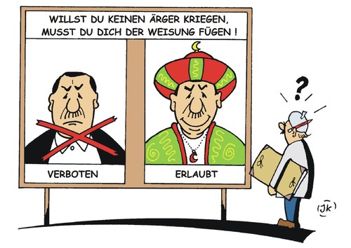 Cartoon: Weisung Nummer Eins (medium) by JotKa tagged ard,extra3,zdf,neo,royal,böhmermann,erdogan,merkel,satire,meinungsfreiheit,pressefreiheit,staastaffaire,schmähgedicht,staatsanwaltschaft,politik,türkei,sanktionen,botschafter,einbestellung,ndr,karikaturen,medien,maulkorb,verbote,diktaturen,unterdrückung,verfolgung,kritik,humor,humorlos,eu,karikaturisten,cartoonisten,schere,ard,extra3,zdf,neo,royal,böhmermann,erdogan,merkel,satire,meinungsfreiheit,pressefreiheit,staastaffaire,schmähgedicht,staatsanwaltschaft,politik,türkei,sanktionen,botschafter,einbestellung,ndr,karikaturen,medien,maulkorb,verbote,diktaturen,unterdrückung,verfolgung,kritik,humor,humorlos,eu,karikaturisten,cartoonisten,schere