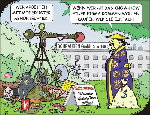 Cartoon: Wirtschaftsspionage (medium) by JotKa tagged bnd,finanzen,rückstand,fortschritt,russland,korea,japan,china,usa,cia,nsa,konkurrenz,arbeitsplätze,investoren,börse,übernahmen,schmiergelder,betrug,patentschutz,patente,erfindungen,how,know,technik,lauschangriff,lauschen,abhören,spion,wirtschaftspionage