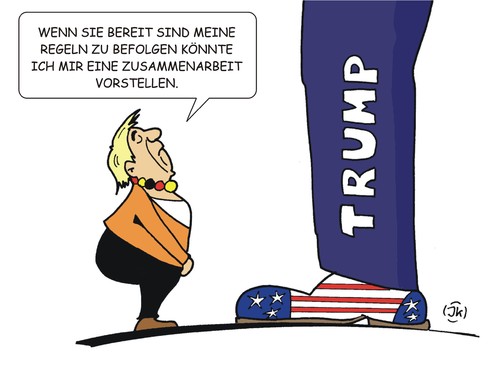 Cartoon: Zusammenarbeit (medium) by JotKa tagged merkel,trump,europa,deutschland,amerika,usa,berlin,washington,us,präsident,merkel,trump,europa,deutschland,amerika,usa,berlin,washington,us,präsident