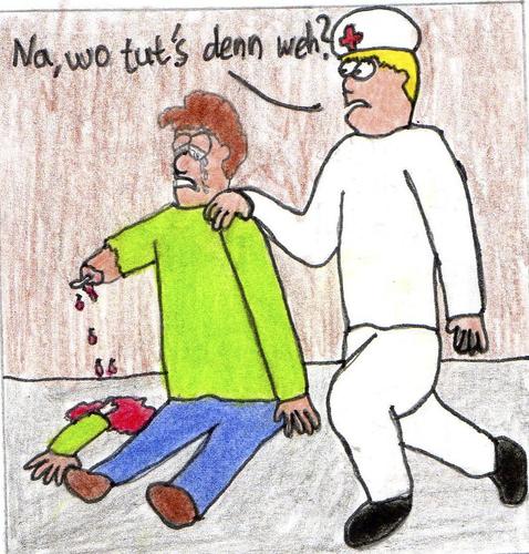 Cartoon: Wo tut es weh (medium) by Salatdressing tagged arzt,dumm,verletzt,blut,tod,schrecklich,blöd,ziemlich,naiv,aua,schmerzen,tränen,weh,wo,tuen