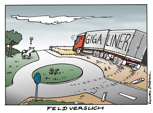 Cartoon: Feldversuch Gigaliner (medium) by Micha Strahl tagged gigaliner,strahl,micha,giga,liner,feldversuch,verkehr,lkw,lkwverkehr,verkehrsminister,eurokombi,monstertruck,giga,liner,feldversuch,verkehr,lkw,verkehrsminister,gigaliner