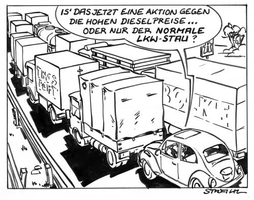 Cartoon: LKW Stau (medium) by Micha Strahl tagged micha,strahl,dieselpreis,benzinpreis,stau,autobahn,verkehr,dieselpreis,benzinpreis,stau,autobahn,verkehr,maut,demonstration,öl,alternativenergie,ökosprit,arbeitslosigkeit,lkw,transport,wirtschaft,überholverbot,seitenspur