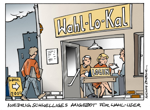 Cartoon: Wahl lo kal (medium) by Micha Strahl tagged micha,strahl,bundestagswahl,2009,wahl,wahlomat,jungwähler,nichtwähler,wahllokal,bundestagswahl,2009,wahl,jungwähler,nichtwähler,wahllokal,wahlomat,wahlen,wahlkampf,wählen,wahlbeteiligung,internet,web,online,fortschritt,entwicklung,technologie,login