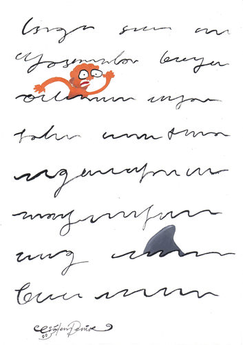 Cartoon: SHARK (medium) by CIGDEM DEMIR tagged shark,writing,page,paper,help,wave,literature,man,sea