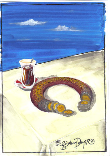 Cartoon: The Breakfast (medium) by CIGDEM DEMIR tagged breakfast,money,coin,bagel,simit,tea