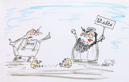 Cartoon: Idioten vs. Idioten (medium) by Eggs Gildo tagged salafisten,hooligans,hogesa,arschlöcher,idioten