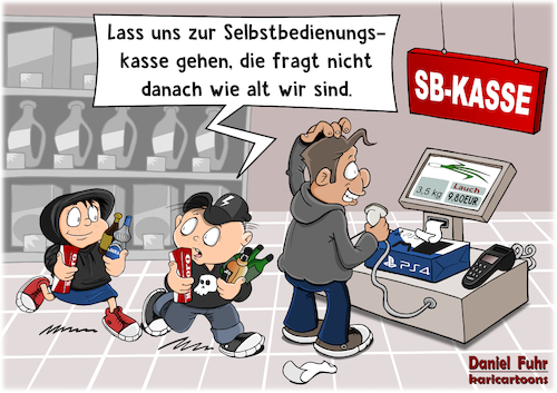 Cartoon: SB-Kasse (medium) by karicartoons tagged alkohol,arbeit,automatisierung,cartoon,digitalisierung,drogen,effektiv,einkaufen,geld,humor,job,jugendliche,jugendschutz,jugendschutzgesetz,kasse,kassierer,kostenersparnis,lustig,missbrauch,rationalisierung,sb,selbstbedienungskasse,supermarkt,warenwirtschaft,wirtschaft,zigaretten,alkohol,arbeit,automatisierung,cartoon,digitalisierung,drogen,effektiv,einkaufen,geld,humor,job,jugendliche,jugendschutz,jugendschutzgesetz,kasse,kassierer,kostenersparnis,lustig,missbrauch,rationalisierung,sb,selbstbedienungskasse,supermarkt,warenwirtschaft,wirtschaft,zigaretten