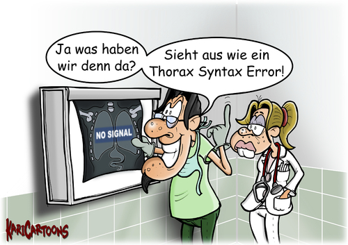 Cartoon: Thorax Syntax Error (medium) by karicartoons tagged computerproblem,computer,signal,no,thorax,cartoon,krankenhaus,untersuchung,diagnose,röntgenbild,röntgen,medizin,ärztin,arzt,doktor,doktor,arzt,ärztin,medizin,röntgen,röntgenbild,diagnose,untersuchung,krankenhaus,cartoon,thorax,no,signal,computer,computerproblem