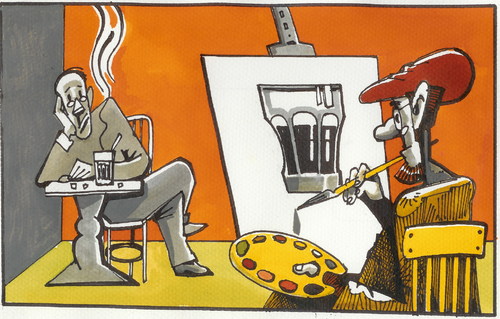 Cartoon: artist in the cafe (medium) by Dluho tagged artitst,bild,malen,maler,künstler,glas
