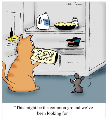Cartoon: Common Ground (medium) by Humoresque tagged cat,cats,owner,owners,mice,mouse,pet,pets,and,refrigerator,refrigerators,cheese,cheeses,string,strings,enemy,enemies,friend,friends,friendship,common,interest,interests,compromise,compromises,compromising,ground