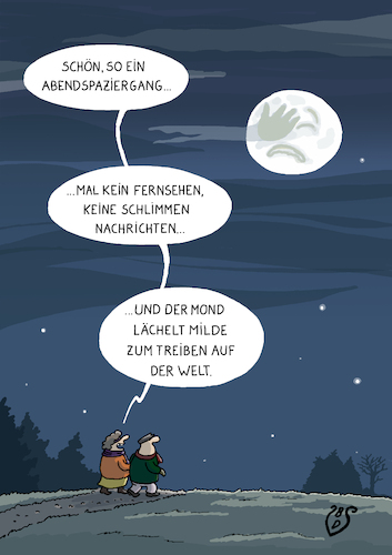 Cartoon: Abendspaziergang (medium) by Dodenhoff Cartoons tagged psyche,gesundheit,naturerfahrung,auszeit,fernsehzeit,vollmond,krisenbewältigung,energiekrise,krieg,flüchtlingswelle,verdrängung,comfortzone,medien,gespräch,psyche,gesundheit,naturerfahrung,auszeit,fernsehzeit,vollmond,krisenbewältigung,energiekrise,krieg,flüchtlingswelle,verdrängung,comfortzone,medien,gespräch