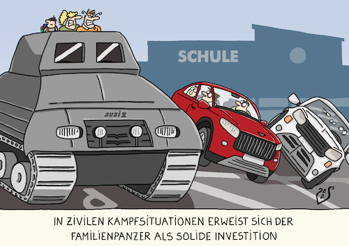 Cartoon: Familienpanzer (medium) by Dodenhoff Cartoons tagged suv,familienwagen,eltern,kinder,schulweg,parkplatzknappheit,erziehung,nachwuchs,schule,konkurrenz,prestige,ansehen,verkehrswende,suv,familienwagen,eltern,kinder,schulweg,parkplatzknappheit,erziehung,nachwuchs,schule,konkurrenz,prestige,ansehen,verkehrswende